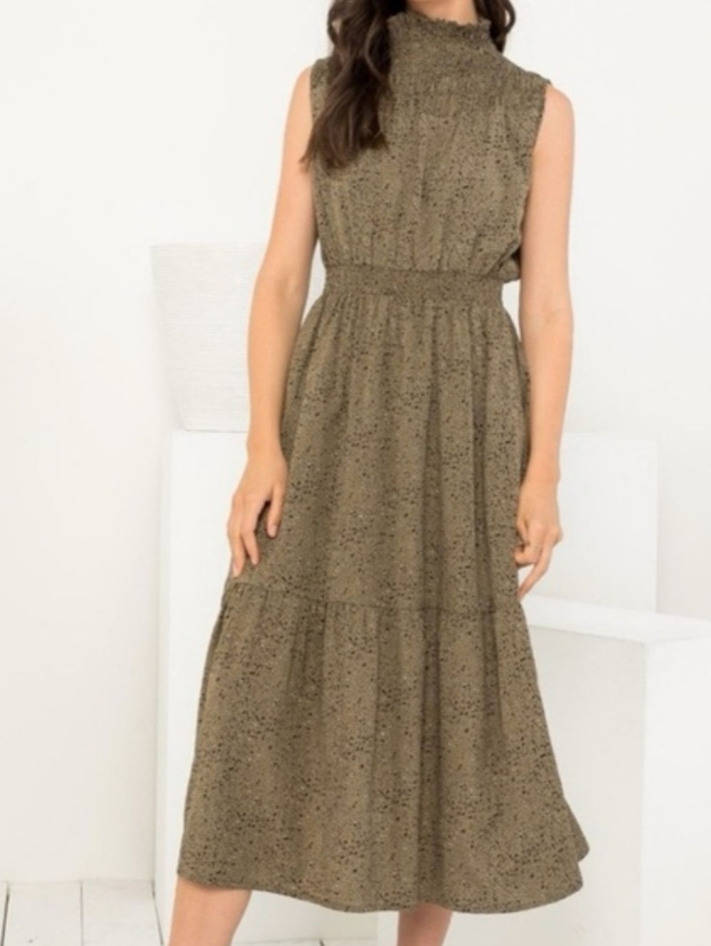 THML Olive Green Animal Print Cinched Maxi Dress Smocked